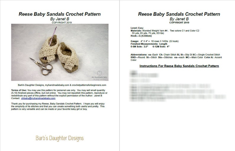 May include: A crochet pattern for making baby sandals. The pattern includes instructions for making sandals in two colors, with a gauge of 4 inches by 4 inches. The pattern is easy to follow and includes abbreviations for common crochet stitches.