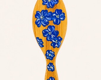 Hand painted hairbrush - blue flowers