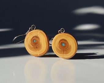 Hanging earrings made of yew wood with turquoise, woden earrings with turquoise, earrings made of wood, ewelry made of wood,Dangle Earrings