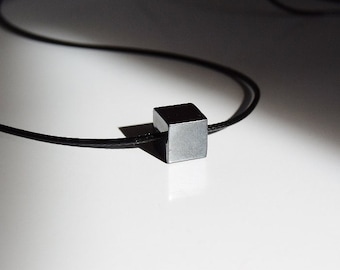 Cube Hematite minimalist pendant, stone of warriors,mens necklace, little steel cube pendant, jewelry for man and woman , raw stone necklace