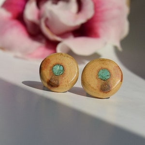 Round wood earrings with chrysocolla, Wood studs, Natural gift, Wooden Studs, wooden earrings stud inlays