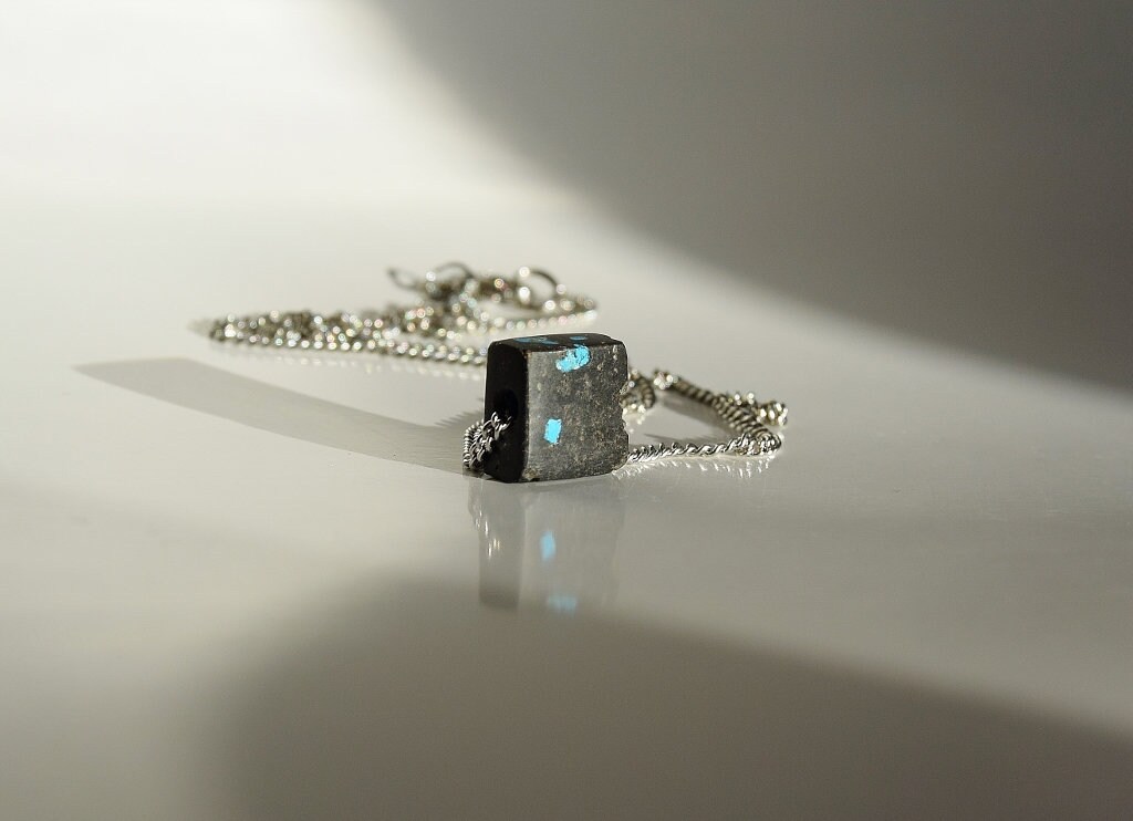 Lava Cube Necklace with turquoise, Volcanic lava pendant, Cube-shaped volcanic lava with turquoise,cube pendant for Men's or Women's