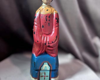 Figura de arte popular de madera tallada a mano / Estatua primitiva vintage pintada / Decoración rústica coleccionable para el hogar
