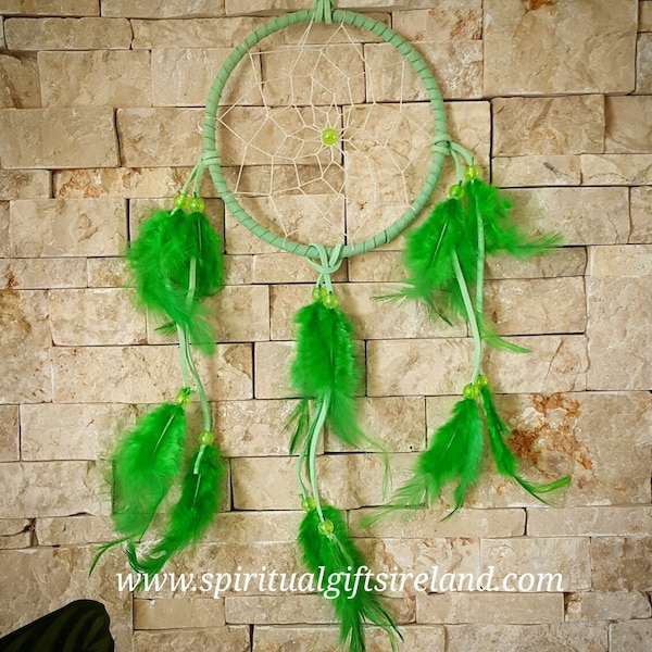 Green Dreamcatcher - Medium Fluffy Feather Dreamcatchers, Dream Catcher Vegan Leather Boys Bedroom Playroom Nursery Spiritual Gifts Ireland