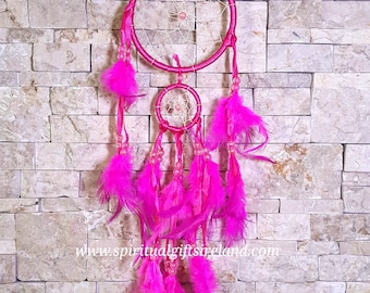 Pink Dreamcatcher - Dreamcatchers For Girls Bedroom Den Nursery, Pink Feathers Vegan Satin Ribbon, Birthday, New Home Housewarming Gifts,