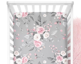 pink and grey floral crib bedding