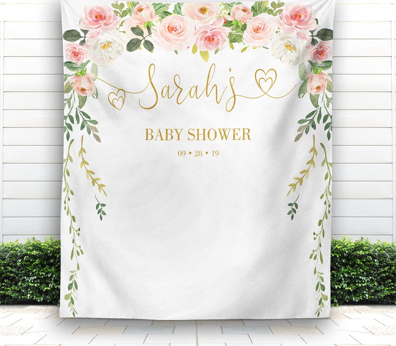 Pink flowers Baby Shower Backdrop Greenery Backdrop Backdrop Etsy
