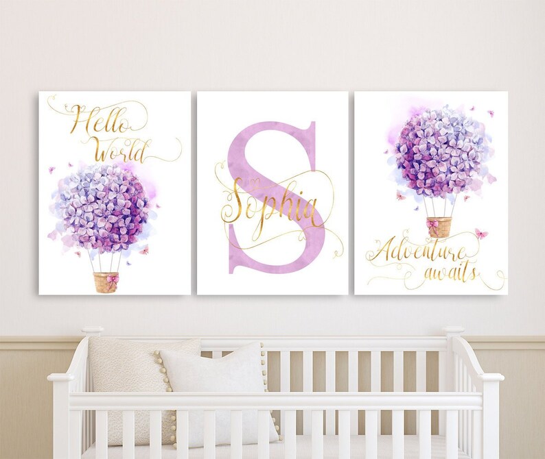 Lavender Nursery Wall Decor Adventure Awaits Hot Air Balloon Canvases Name Sign Baby Set Of 3