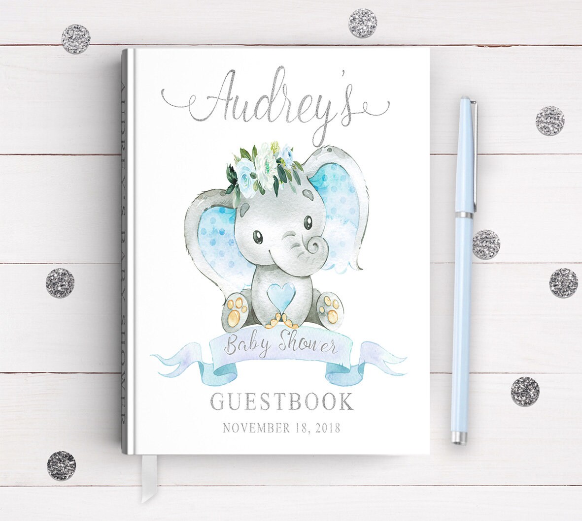 Blue Elephant Baby Shower Guest Book Blue and Gray Elephant Etsy