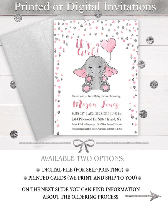 pink and gray elephant baby shower invitations