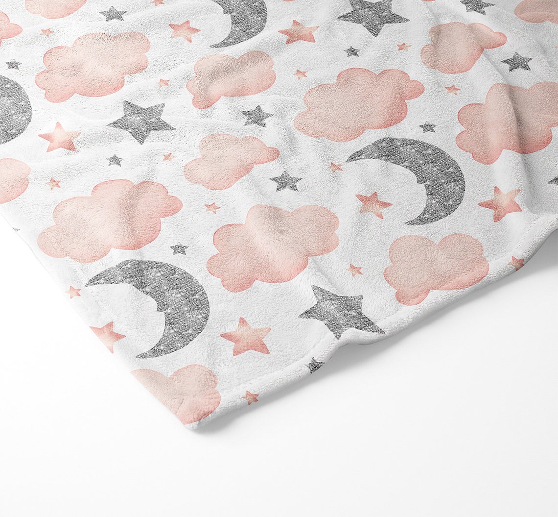 Moon and Stars Baby Blanket Pink and Silver Minky Blanket Etsy