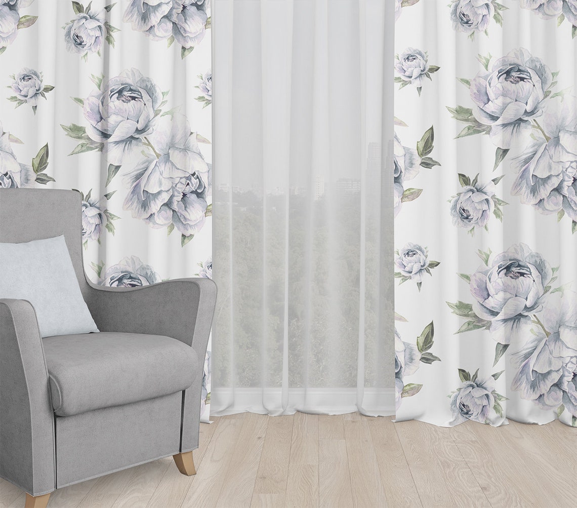 Dusty Blue Peony Nursery Window Curtains Floral Blackout | Etsy