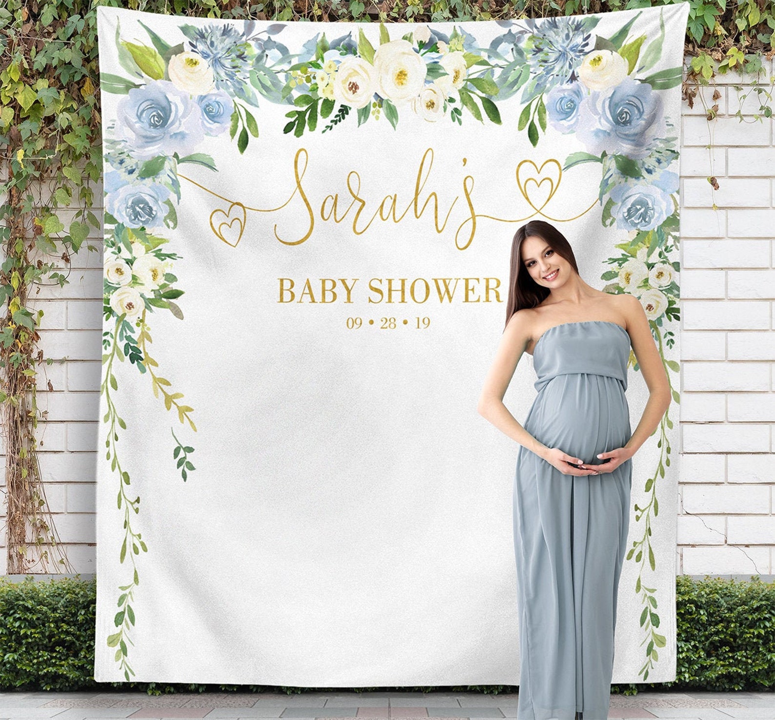 Blue Flowers Baby Shower Backdrop Greenery Backdrop Backdrop Etsy