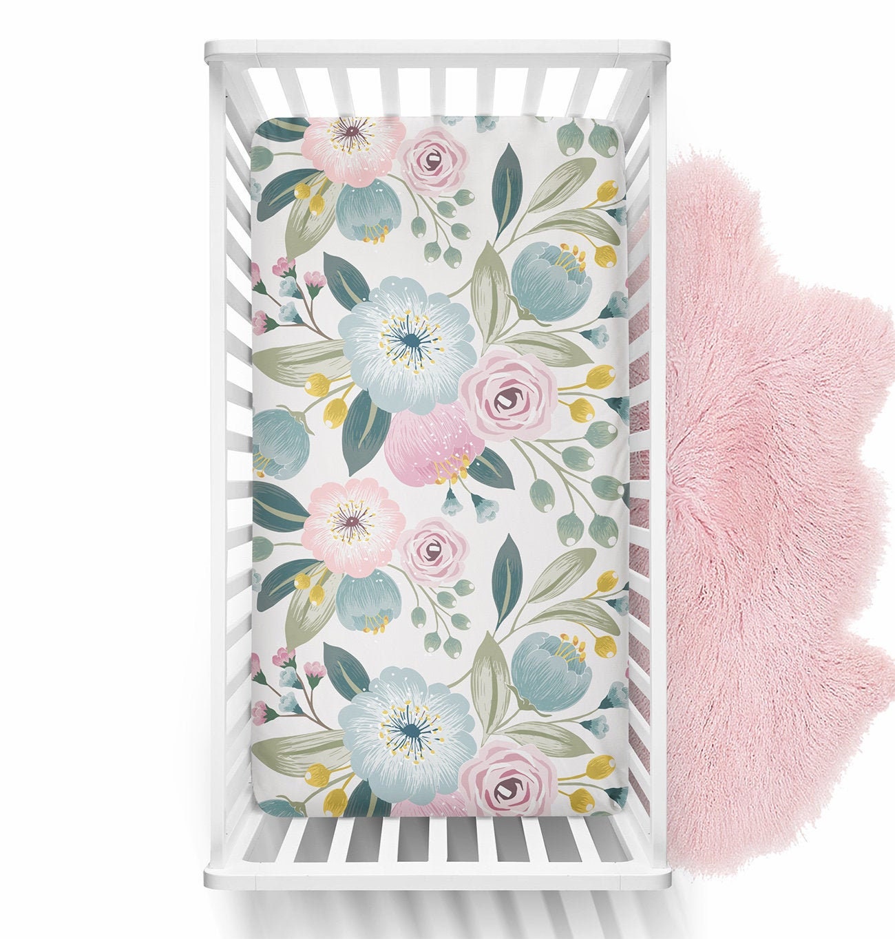 Teal Pink Floral Crib Sheet Vintage Floral Crib bedding Etsy