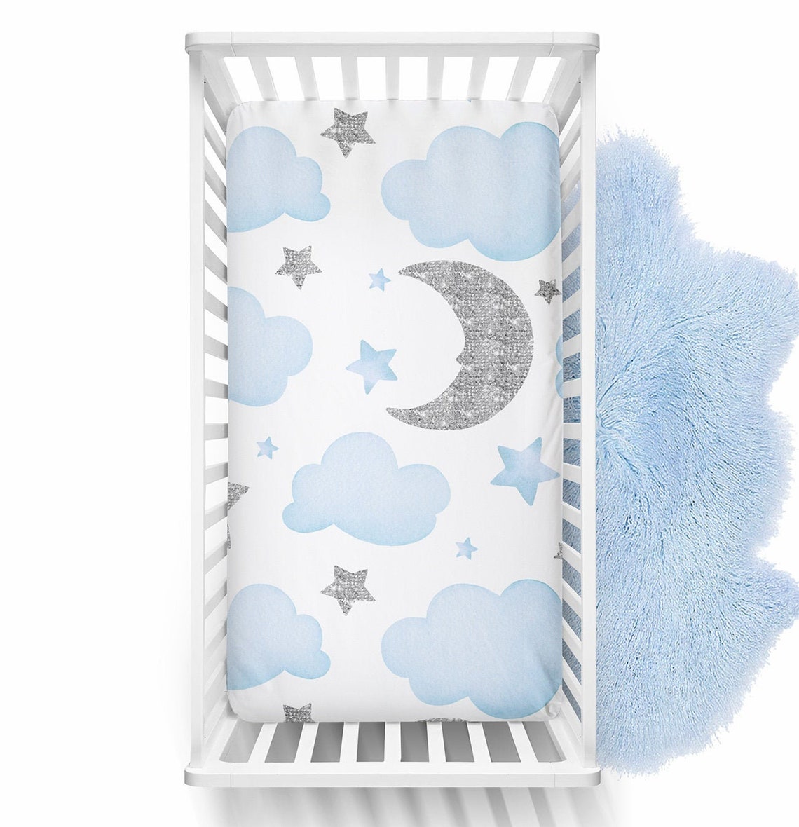 Moon and Stars Crib Sheet Baby Blue and Silver Moon and Etsy