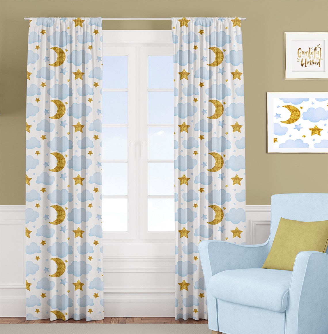 Moon and Stars Window Curtains Baby Blue and Gold Moon and Etsy
