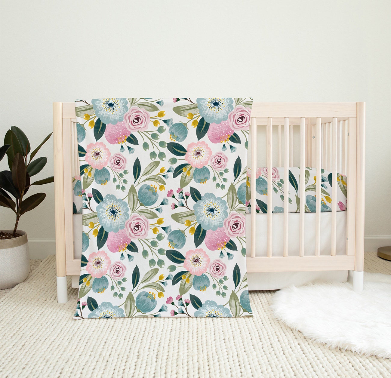 Teal Pink Floral Crib Sheet Vintage Floral Crib bedding Etsy