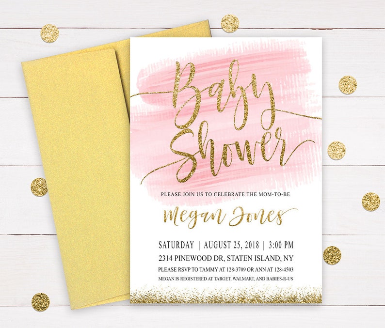 Pink and Gold Baby Shower Invitation Gold Glitter Invitation Etsy