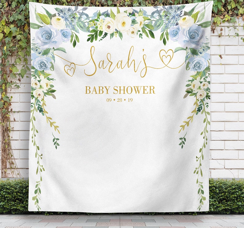 Blue Flowers Baby Shower Backdrop Greenery Backdrop Backdrop Etsy