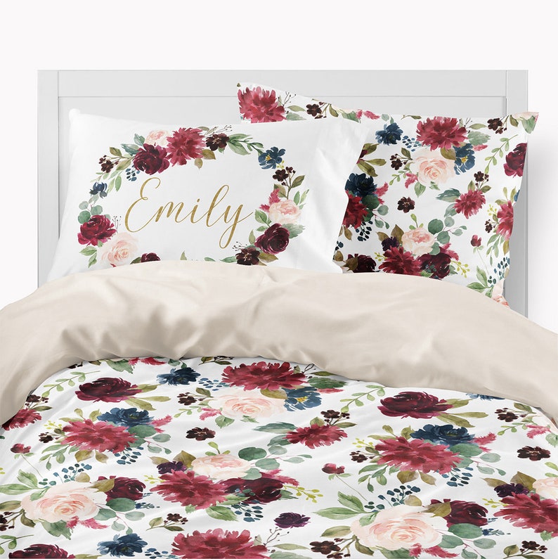 Burgundy and Navy Floral Bedding Set for a Girl Duvet Cover Etsy