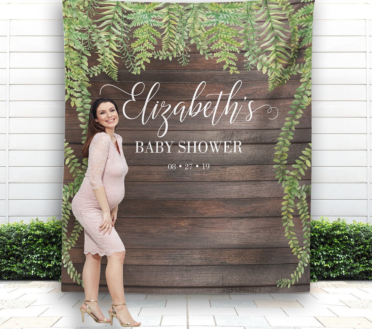 Rustic Greenery Baby Shower Backdrop Green Leafs and Wood Etsy