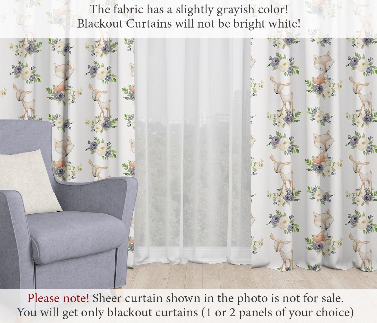 Deer and Fox Nursery Window Curtains Blue Flowers Nursery Etsy