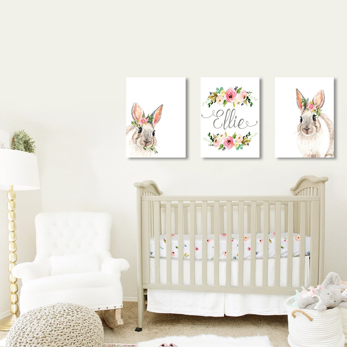 Bunny Nursery Wall Decor Cute Bunny and Flowers Nursery Etsy