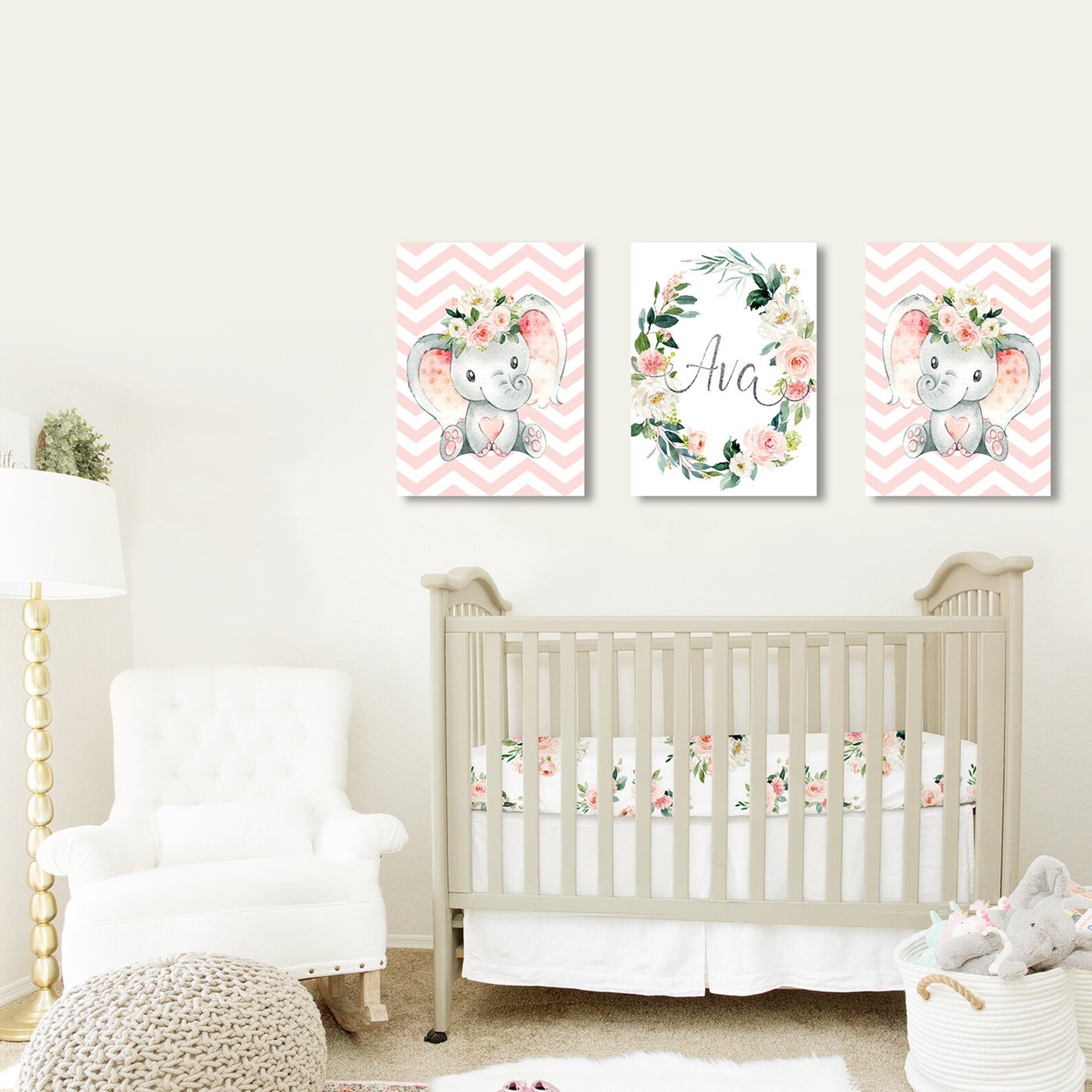 Elephant Baby Girl Nursery Decor Elephant Wall Art Canvases Etsy