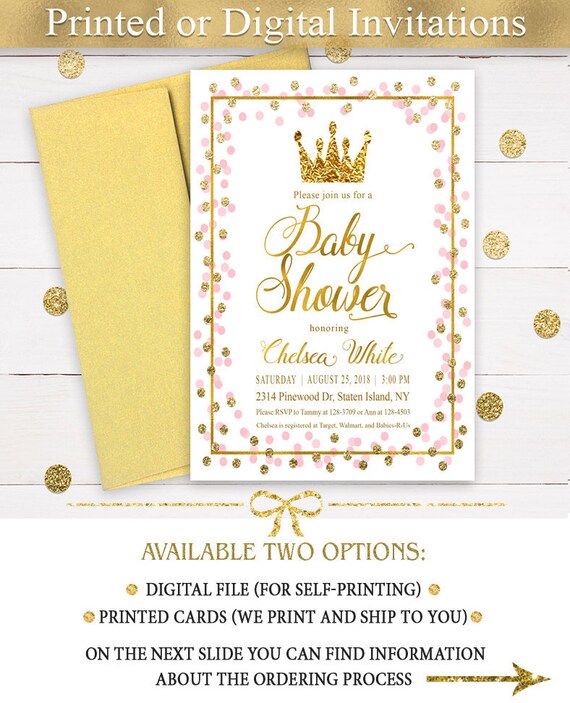 Princess Baby Shower Invitation Girl Pink And Gold Printed Crown Pri 23
