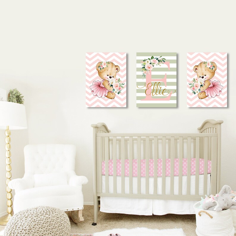 Baby Girl Nursery Wall Art Canvases Teddy Bear Baby Name Etsy