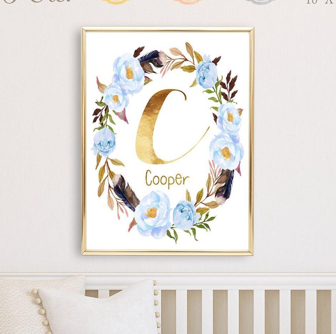 Floral Monogram Nursery Wall Art Print with Real Foil Etsy