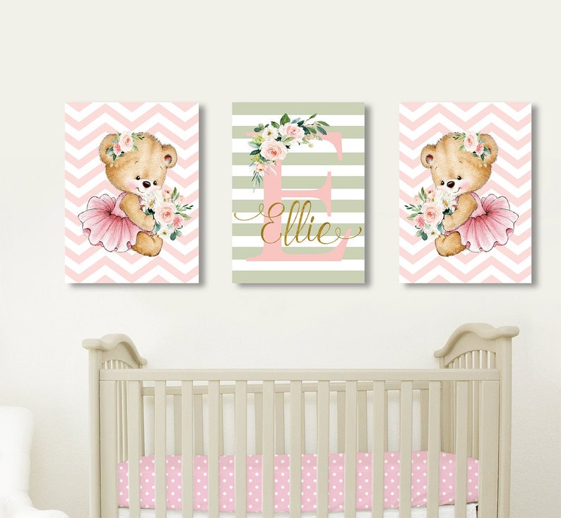 Baby Girl Nursery Wall Art Canvases Teddy Bear Baby Name Etsy