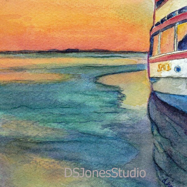 Original Watercolor Painting - Okoboji Queen Sunset, Arnolds Park, IA