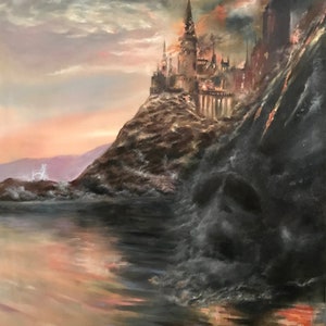 May include: A painting depicting a grand, stone castle situated on a cliff overlooking a body of water. The sky is a dramatic blend of dark clouds and a fiery orange sunset. The castle is illuminated by the setting sun, casting long shadows.