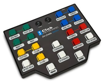 May include: A black Club Keyboard Sim Caddie Switch controller featuring a grid of colored buttons labeled with golf simulation functions like Big Map, Heat Map, Mulligan, Target, Scores, Aim Point, Tee Box, Forward, Backward, Club +, and Club -.