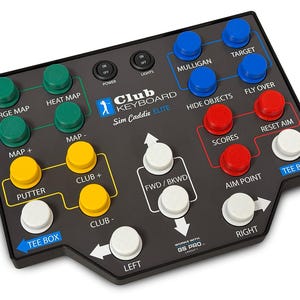 May include: A black Club Keyboard Sim Caddie Elite controller featuring color-coded buttons: green for map controls, blue for game functions, red for aim and score settings, yellow for club selection, and white for directional movement and tee box.