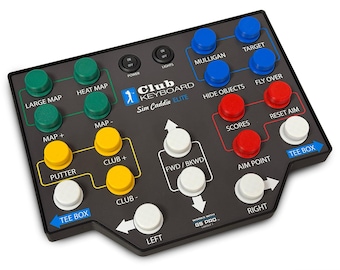 May include: A black Club Keyboard Sim Caddie Elite controller featuring color-coded buttons: green for map controls, blue for game functions, red for aim and score settings, yellow for club selection, and white for directional movement and tee box.
