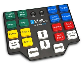 May include: A black Club Keyboard Sim Caddie FLEX controller featuring a grid of colorful buttons. The layout includes green, yellow, blue, red, and white keys labeled with golf simulation commands like Mulligan, Target, Scores, and directional arrows.