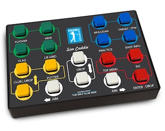 May include: A black rectangular golf simulator keyboard controller labeled Sim Caddie with colorful square buttons. The layout features green, blue, yellow, red, and white buttons with printed text labels including Flyover, Mulligan, and Drop.