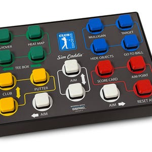 May include: A rectangular black control console for golf simulation software featuring a grid of colored buttons labeled with functions like Flyover, Heat Map, Mulligan, Target, Hide Objects, Go To Ball, Score Card, Aim Point, Club, Putter, and Aim.