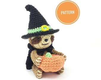 Bewitching Sloth Pattern- halloween sloth amigurumi pattern,  cute witch crochet sloth (DIGITAL PATTERN ONLY)