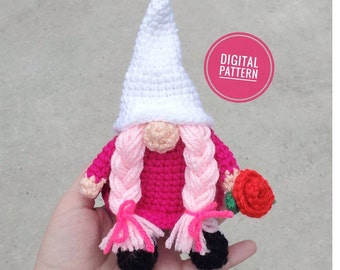 Valentine's Day Gnomette Crochet Pattern- Crochet Girl Gnome with rose, Amigurumi Gnome, Valentine's Day Amigurumi( DIGITAL PATTERN ONLY)