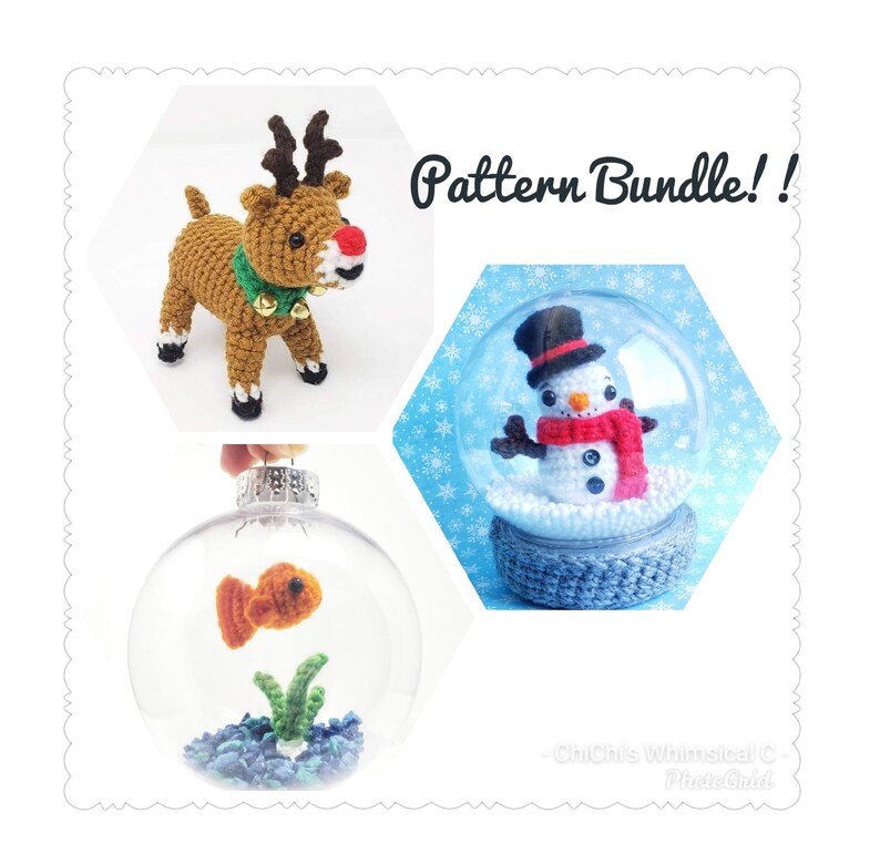 May include: A pattern bundle image featuring three crochet projects. A brown reindeer with a red nose and green collar, a snowman in a snow globe, and a fish in an ornament. The text "Pattern Bundle!!" is displayed.