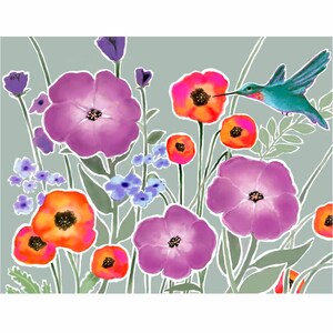 Hummingbird with flowers , hummingbird with wildflowers, spring flowers, hummingbird flying, purple flowers, orange flowers, floral bouquet