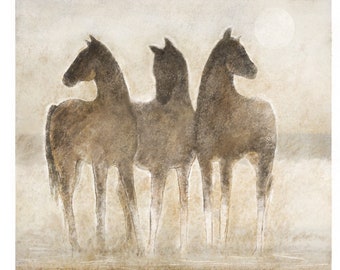 May include: Three brown horses stand together in a misty field, their heads turned in different directions. The background is a soft, muted beige with a faint white circle in the upper right corner.