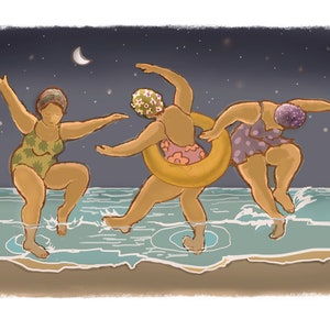 Summer Nights, Chubby Ladies Dancing on the Beach, bathers, chubby ladies dancing on the beach under the moon, fat women on beach at night