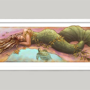 May include: A green mermaid with long blonde hair lies on a pink and brown background with a small turtle reflection in the water beside her.