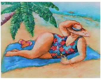 Fat Lady on the Beach, chubby woman on beach, humorous art, fat woman, fat woman in bathing suit, beach house art, vacation house decor,