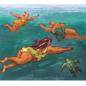 Chubby Swimmers with Turtle, fat ladies, fat ladies swimming, large women, chubby women in bathing suits, fat women at the beach
