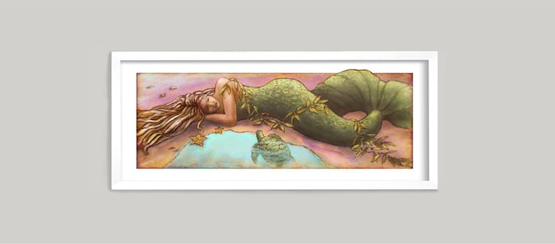 May include: A green mermaid with long blonde hair lies on a pink and brown background with a small turtle reflection in the water beside her.